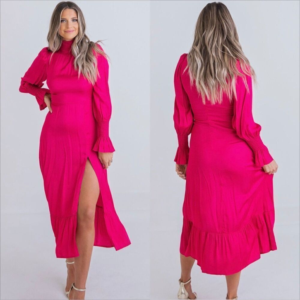 Karlie Solid Smock Neck Midi Dress Size Medium Pink Magenta NEW Satin Thigh Slit